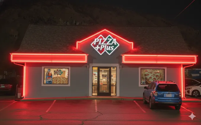 Pizza Plus storefront in Cache Valley lit with red permanent eave lighting