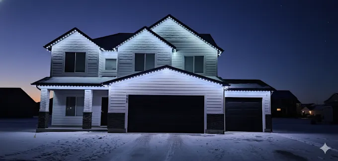 White two-story home in Cache Valley with permanent architectural lighting at dusk in winter