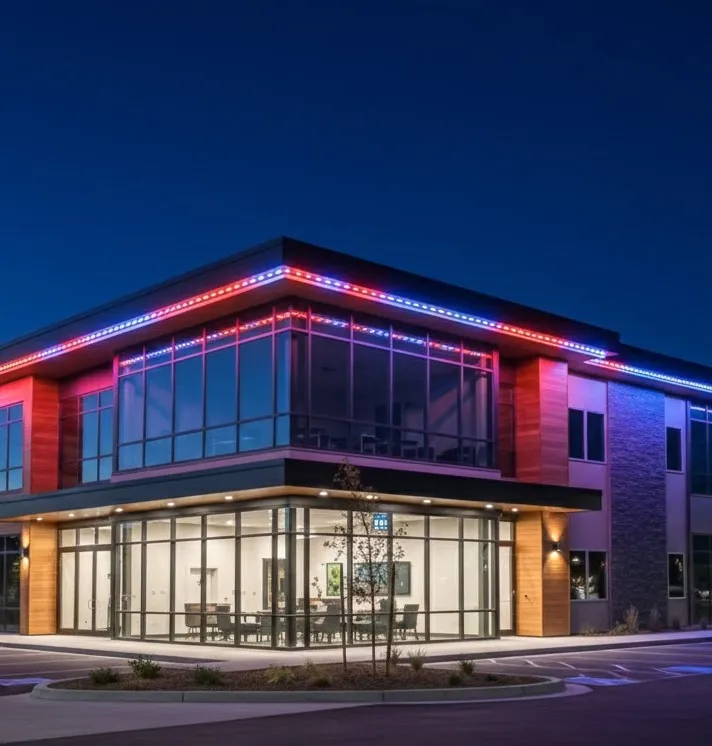 Commercial building with red, white, and blue permanent eave lighting