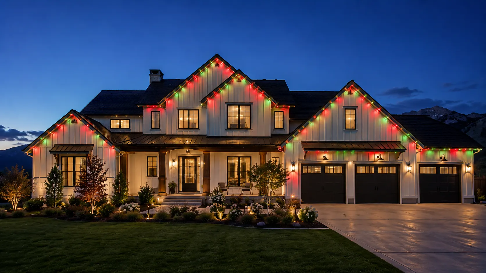Same Cache Valley home with permanent roofline lighting set to a Christmas red and green scene