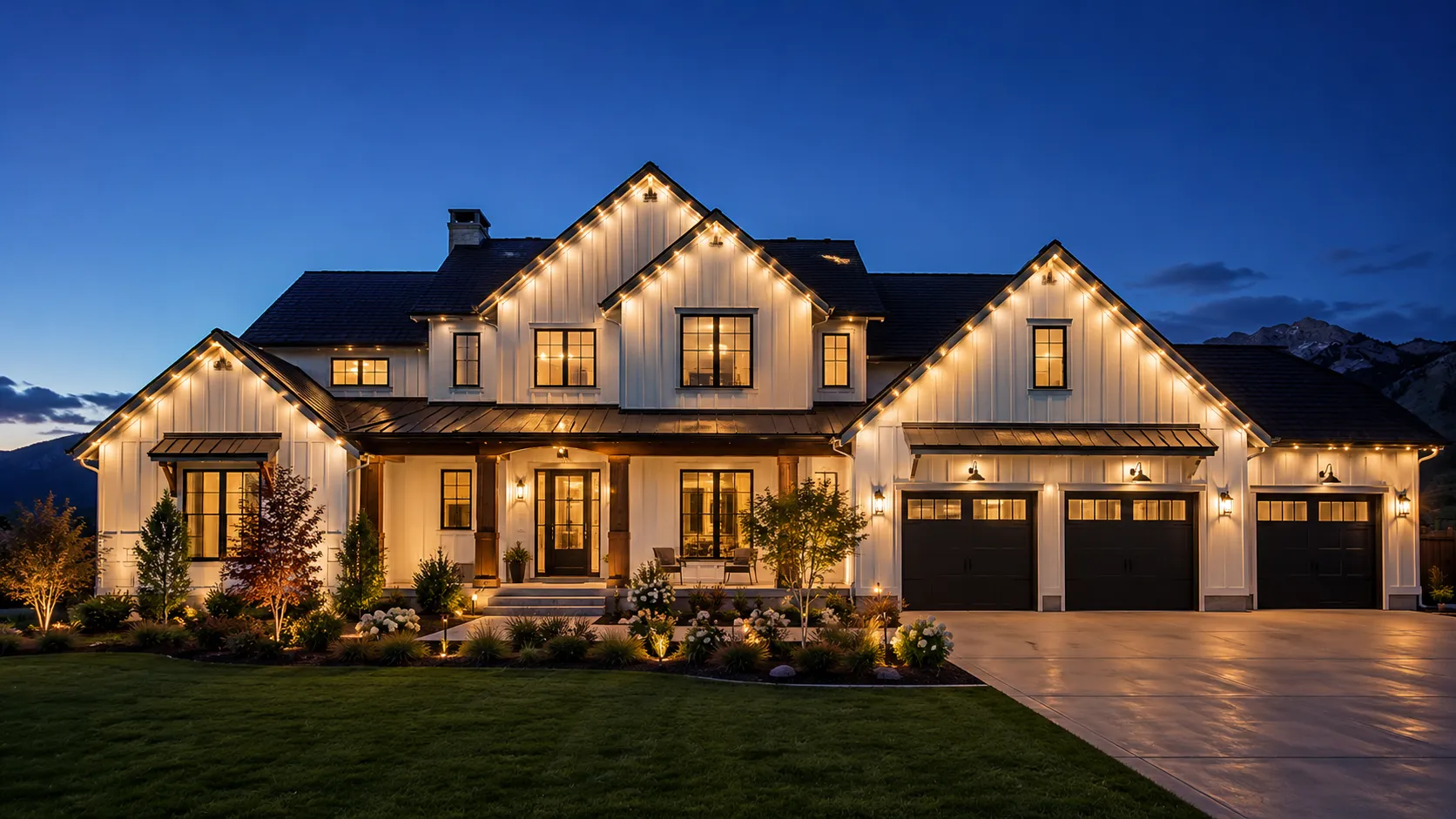 A&R Lighting permanent roofline lighting glowing warm white at night on a Cache Valley home